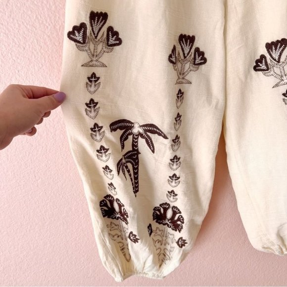 FREE People Kai Embroidered Cropped Top Pants Set Cream Brown Medium New - Picture 7 of 12